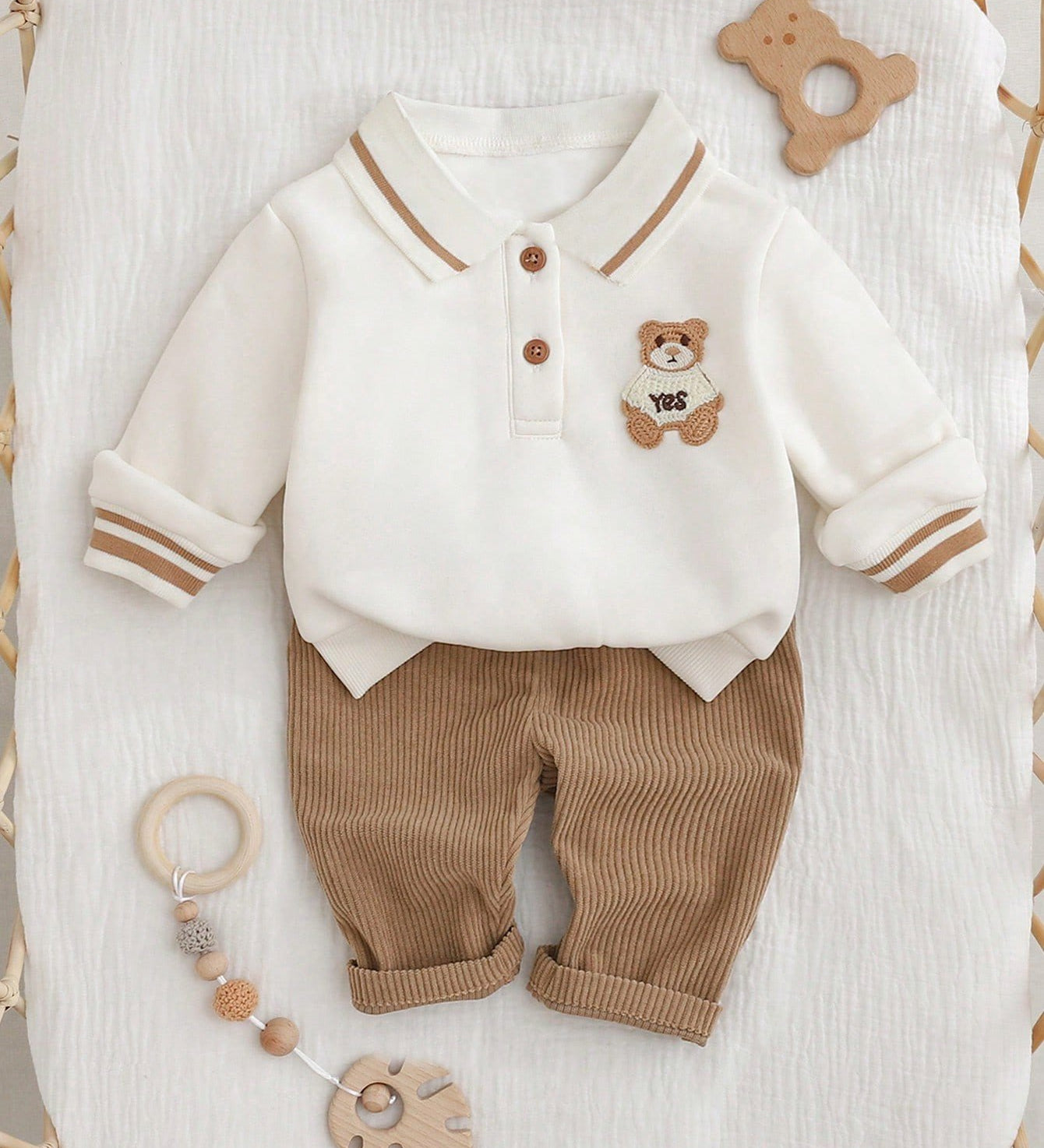 Conjunto Bebê Menino 2 Peças Moletom Gola Polo Bordado Urso e Calça Canelada 001 Conjunto Menino 03 Kabannas Cáqui Recém-nascido 