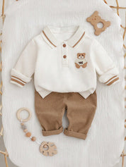 Conjunto Bebê Menino 2 Peças Moletom Gola Polo Bordado Urso e Calça Canelada 001 Conjunto Menino 03 Kabannas Cáqui Recém-nascido 
