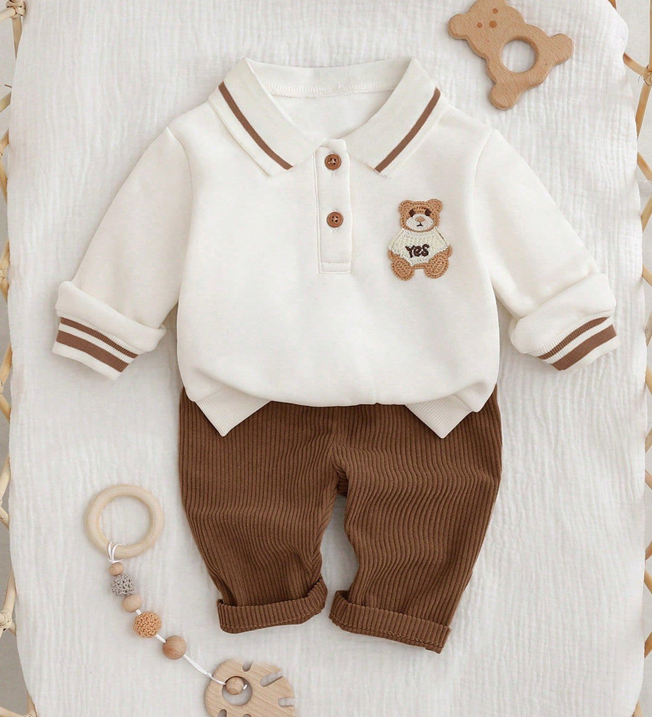 Conjunto Bebê Menino 2 Peças Moletom Gola Polo Bordado Urso e Calça Canelada 001 Conjunto Menino 03 Kabannas Marrom Recém-nascido 