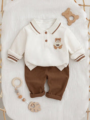 Conjunto Bebê Menino 2 Peças Moletom Gola Polo Bordado Urso e Calça Canelada 001 Conjunto Menino 03 Kabannas Marrom Recém-nascido 