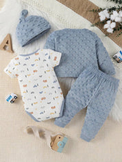 Conjunto Bebê Menino 4 Peças Body Estampa Carrinhos Casaco Calça Touca Plush Conjunto Menino 23 Kabannas 