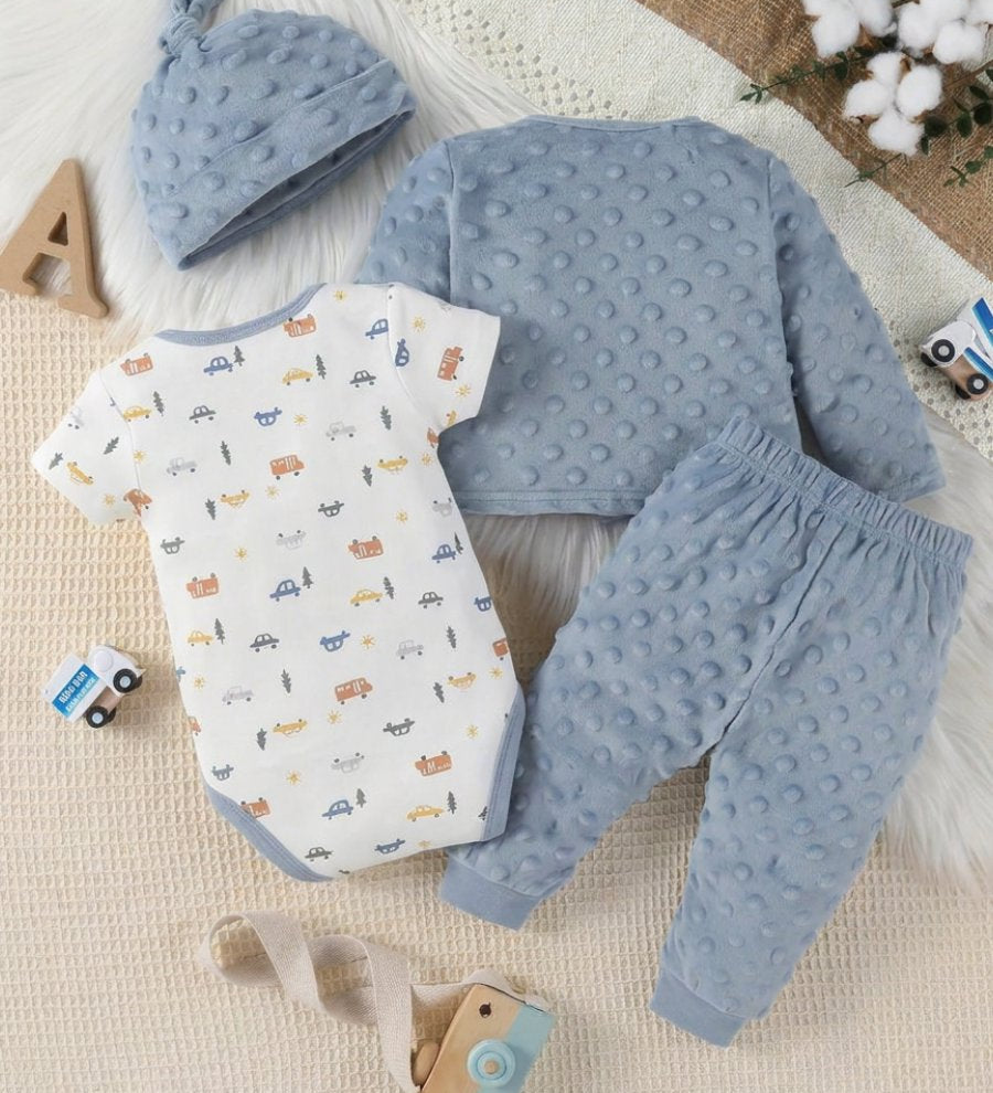 Conjunto Bebê Menino 4 Peças Body Estampa Carrinhos Casaco Calça Touca Plush Conjunto Menino 23 Kabannas 