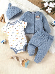 Conjunto Bebê Menino 4 Peças Body Estampa Carrinhos Casaco Calça Touca Plush Conjunto Menino 23 Kabannas Azul 0-3 Meses 
