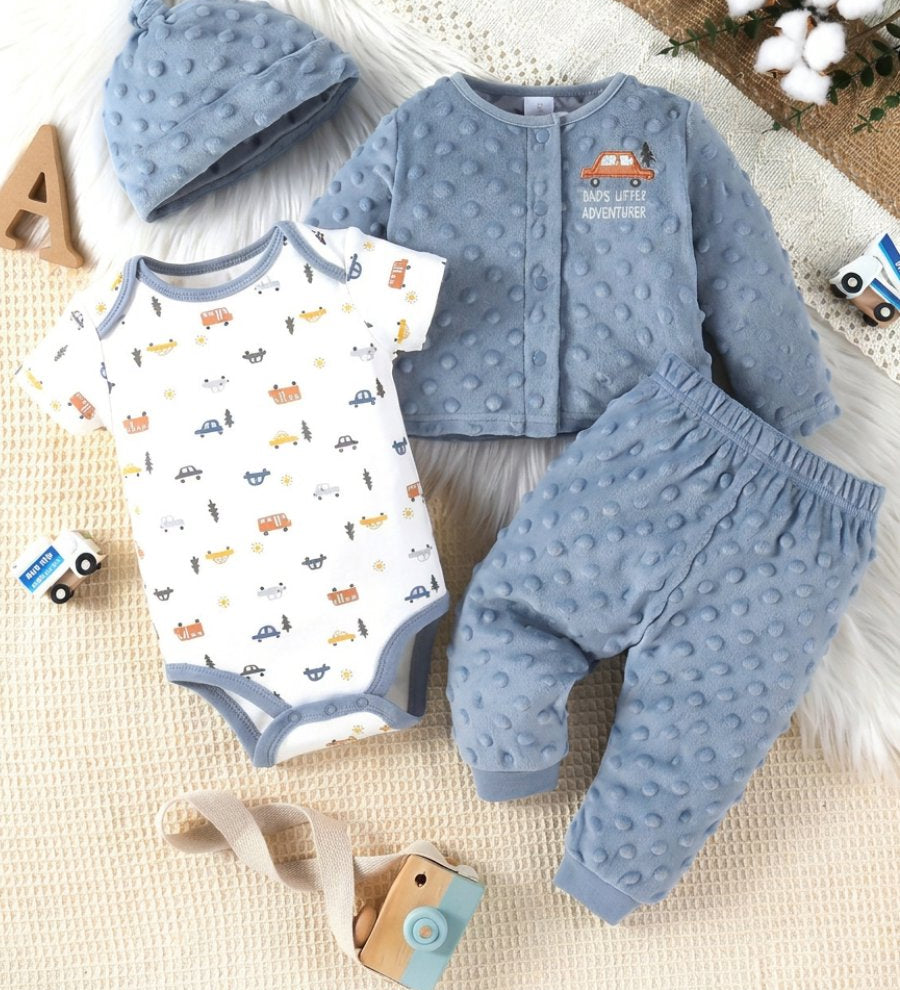 Conjunto Bebê Menino 4 Peças Body Estampa Carrinhos Casaco Calça Touca Plush Conjunto Menino 23 Kabannas Azul 0-3 Meses 