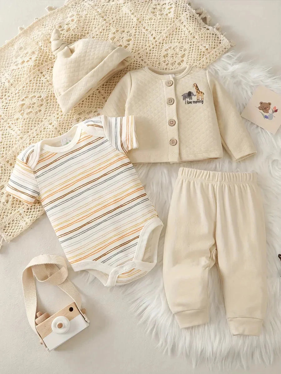 Conjunto Bebê Menino 4 Peças Body Listrado Casaco Acolchoado Bordado Girafa Calça e Chapéu Conjunto Menino 24 Kabannas Creme 0-3 Meses 