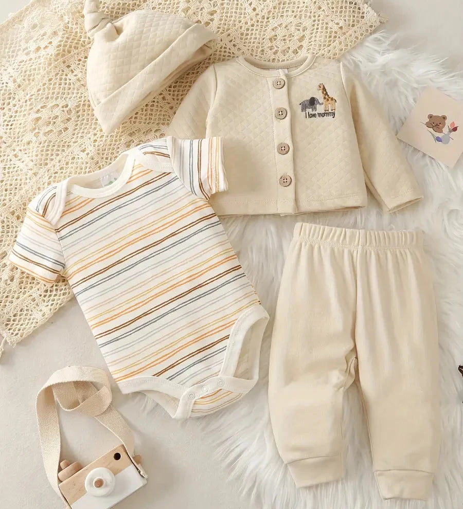 Conjunto Bebê Menino 4 Peças Body Listrado Casaco Acolchoado Bordado Girafa Calça e Chapéu Conjunto Menino 24 Kabannas Creme 0-3 Meses 