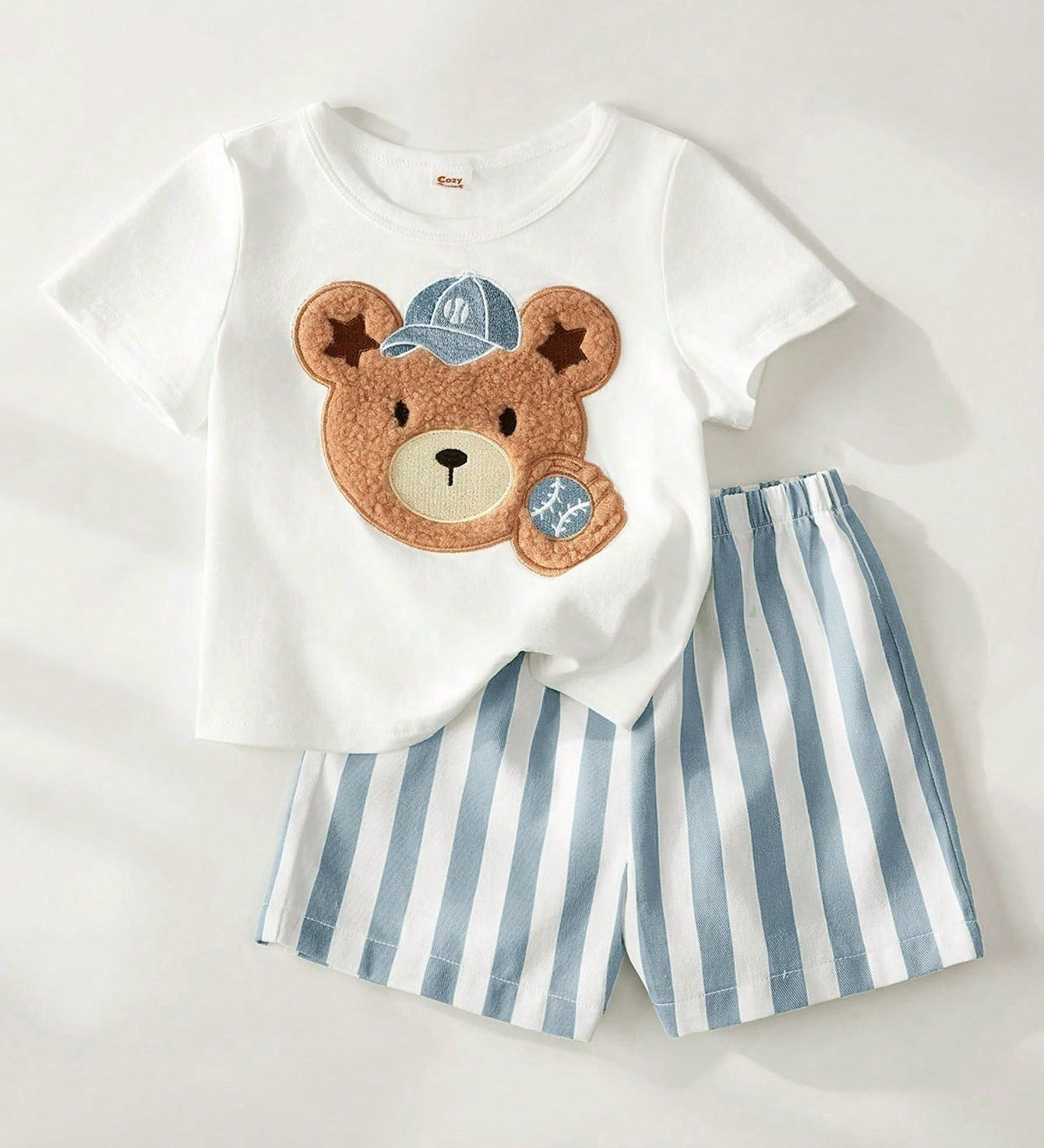 Conjunto Bebê Menino Baseball com Urso Bordado e Shorts Listrado 003 Conjunto Menino 25 Kabannas Azul 6-9 Meses 