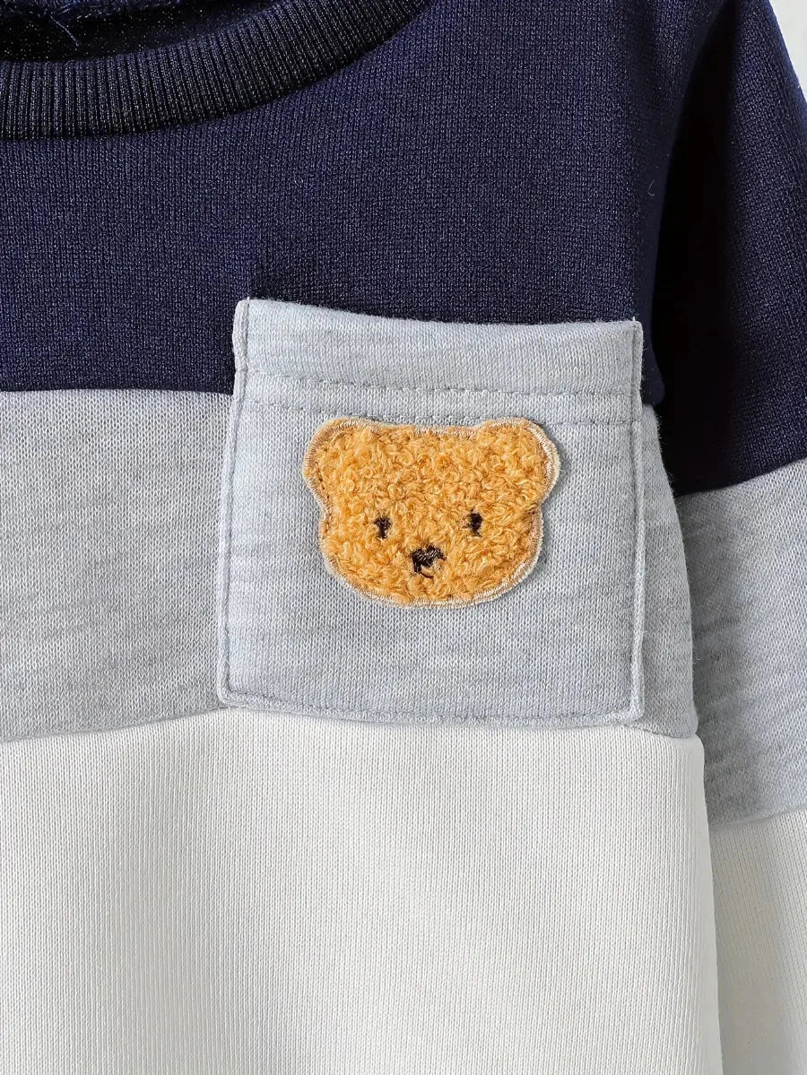 Conjunto Bebê Menino Blusão Color Block Aplique Urso Moletom + Calça Jeans Elástica Conjunto Menino 06 Kabannas 