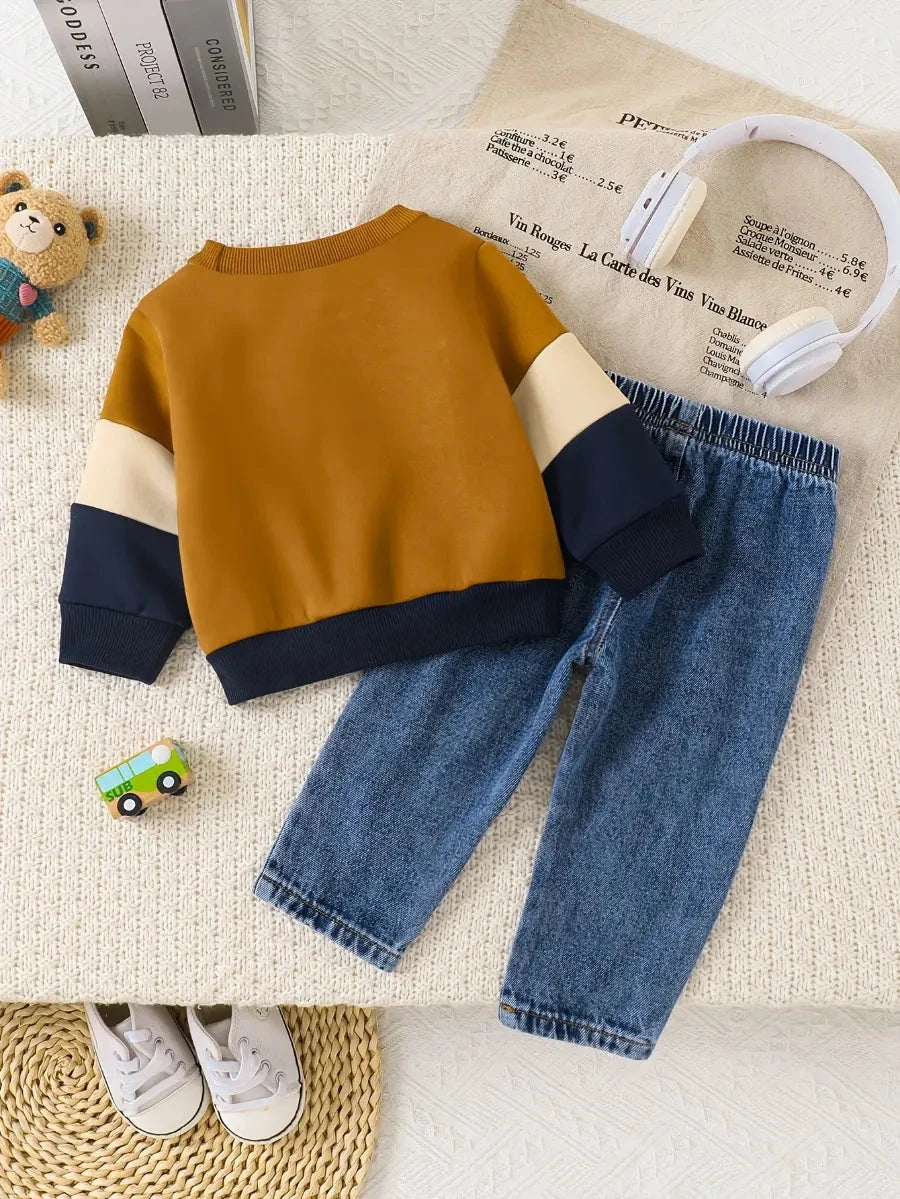 Conjunto Bebê Menino Blusão Color Block Aplique Urso Moletom + Calça Jeans Elástica Conjunto Menino 06 Kabannas 