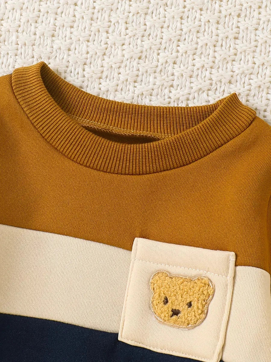 Conjunto Bebê Menino Blusão Color Block Aplique Urso Moletom + Calça Jeans Elástica Conjunto Menino 06 Kabannas 