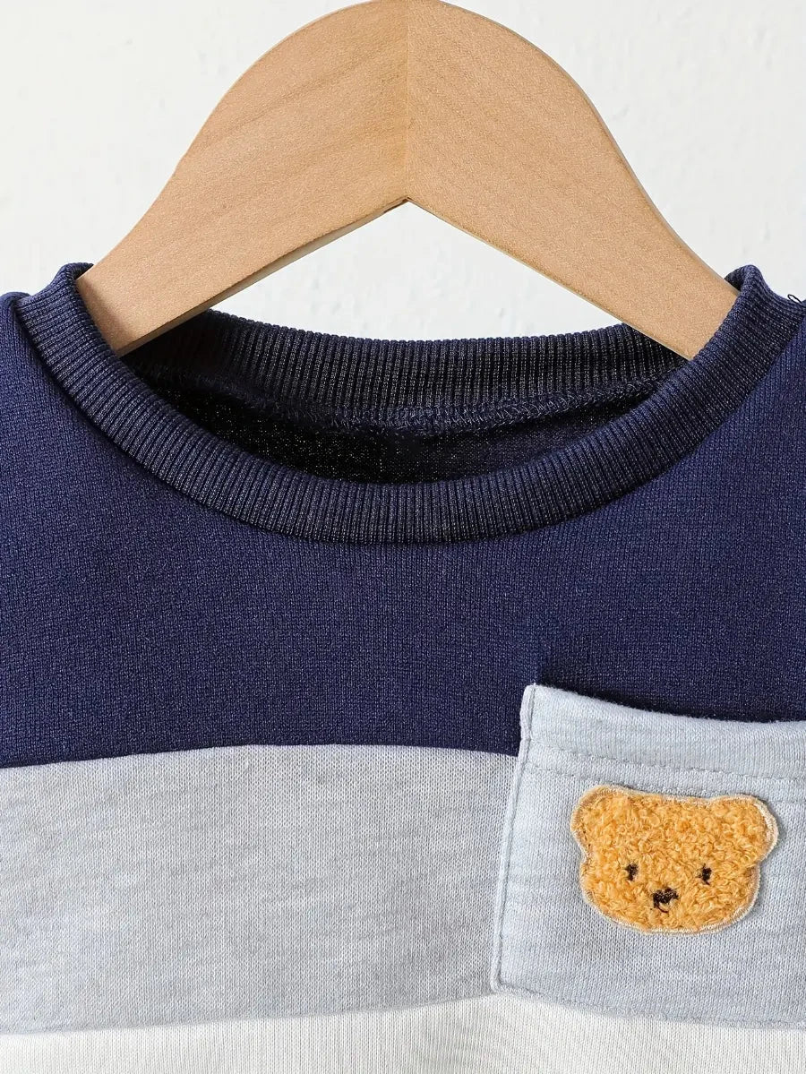 Conjunto Bebê Menino Blusão Color Block Aplique Urso Moletom + Calça Jeans Elástica Conjunto Menino 06 Kabannas 