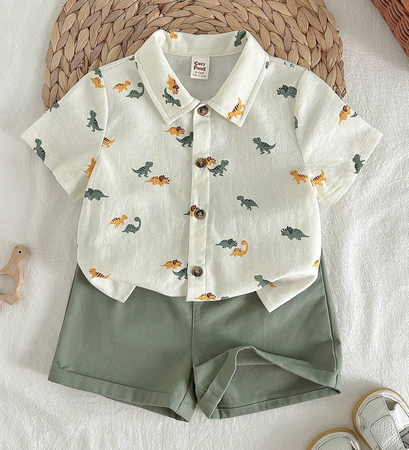 Conjunto Bebê Menino Camisa Dinossauro e Shorts 003 Conjunto Menino 21 Kabannas Branco e Verde 3-6 Meses 
