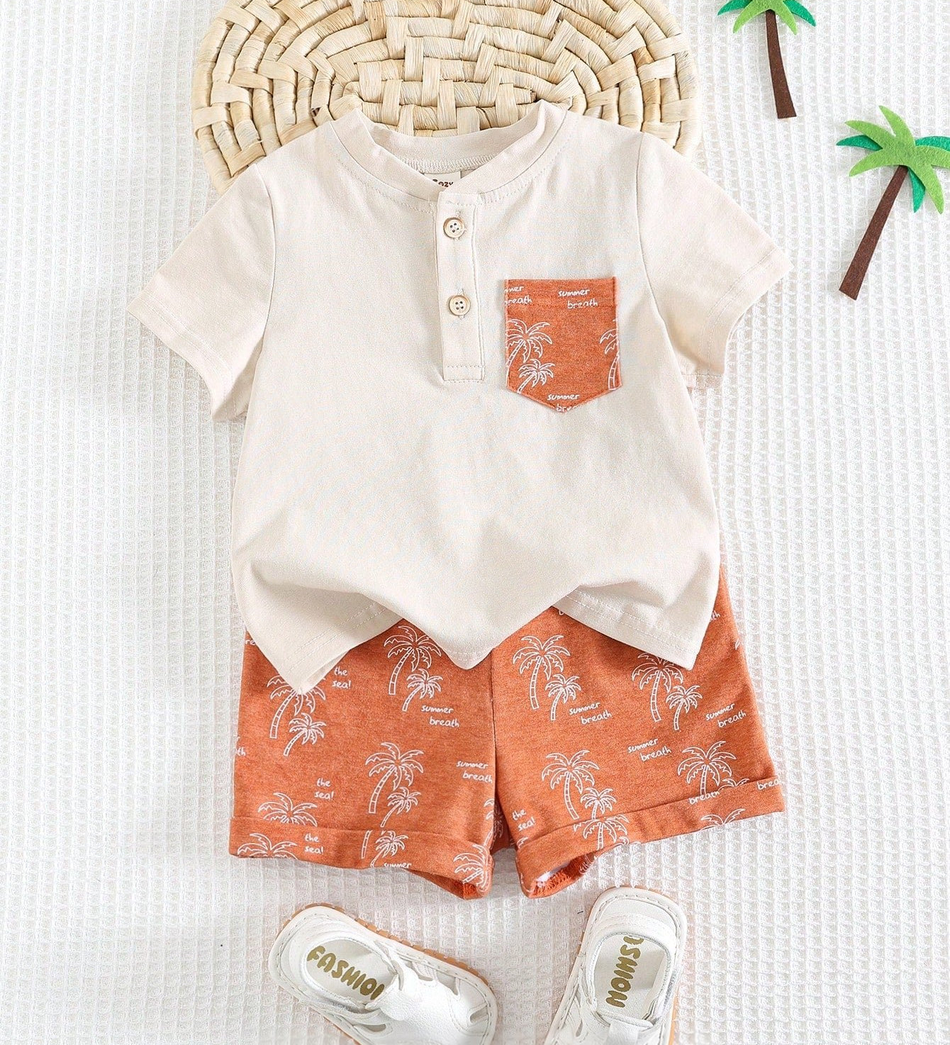 Conjunto Bebê Menino Camiseta Coqueiro e Shorts 004 Conjunto Menino 36 Kabannas Bege e laranja 3-6 Meses 