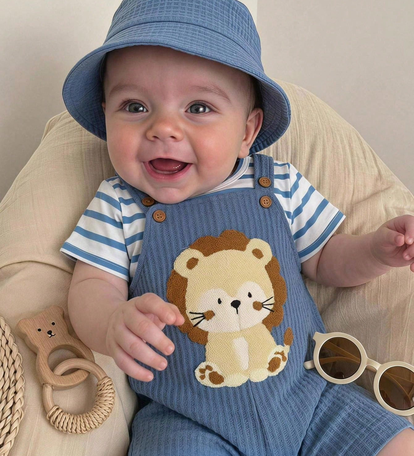 Conjunto Bebê Menino Camiseta Listrada e Jardineira Leão 004 Conjunto Menino 32 Kabannas Azul 6-9 Meses 