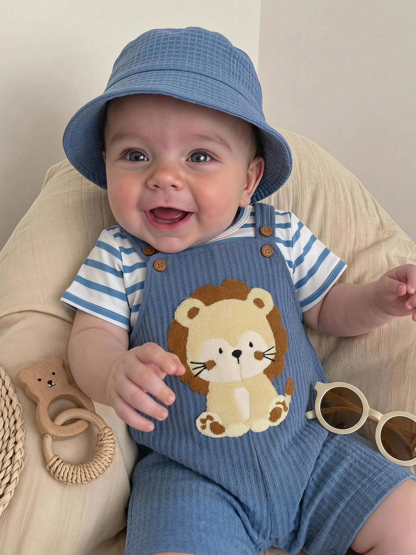 Conjunto Bebê Menino Camiseta Listrada e Jardineira Leão 004 Conjunto Menino 32 Kabannas Azul 6-9 Meses 