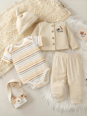 Conjunto Bebê Menino Kit 4 Peças Body Listrado Cardigan Bordado Girafa Calça e Touca Conjunto Menino 11 Kabannas Creme 0-3 meses 