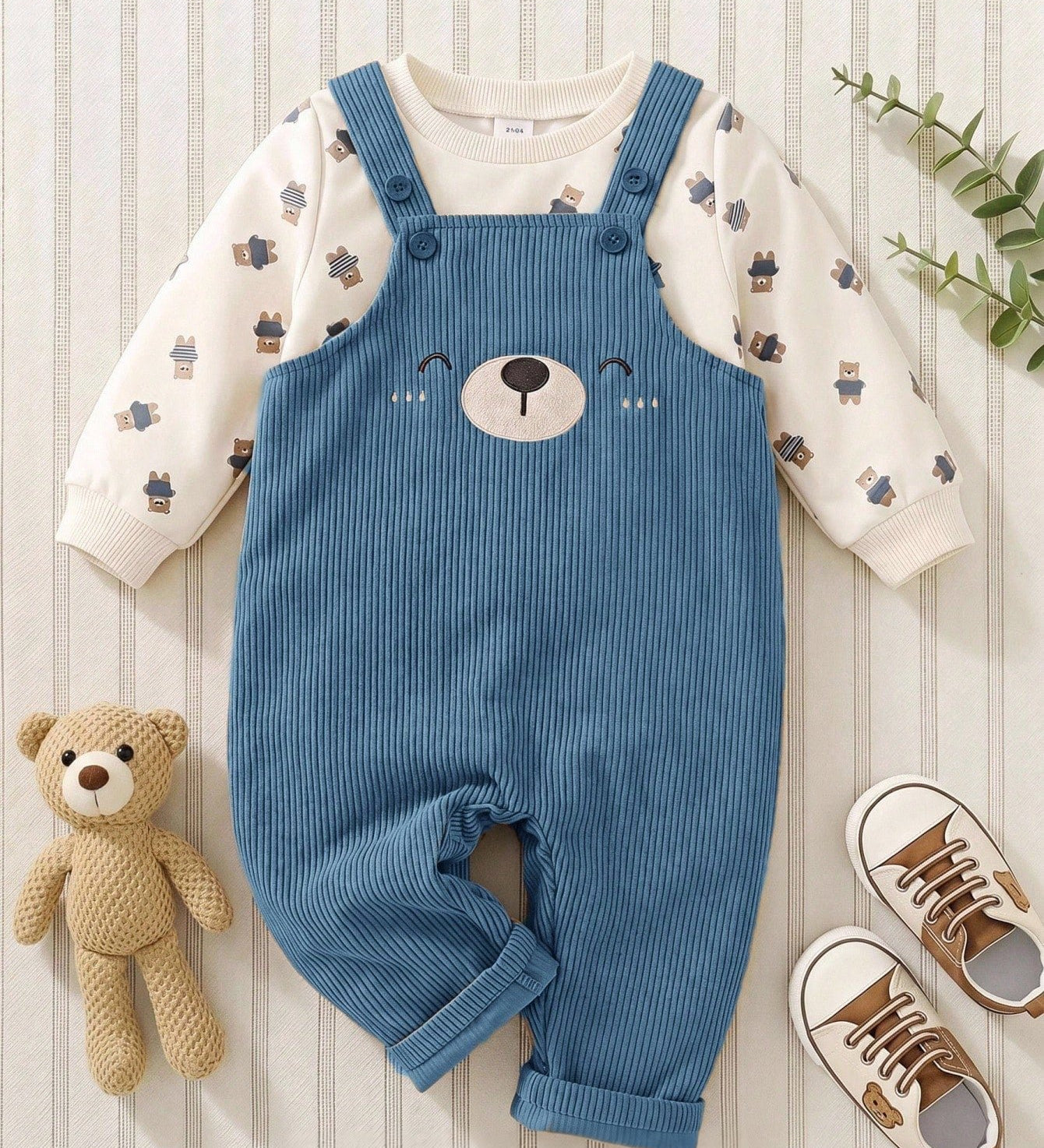 Conjunto Bebê Menino Moletom Urso e Jardineira 004 Conjunto Menino 35 Kabannas Azul e branco 6-9 Meses 
