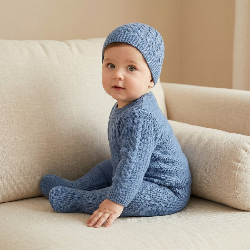 Conjunto Bebê Menino Tricô 3 Peças Suéter, Calça e Gorro Moda Vintage Infantil 79 Kabannas 