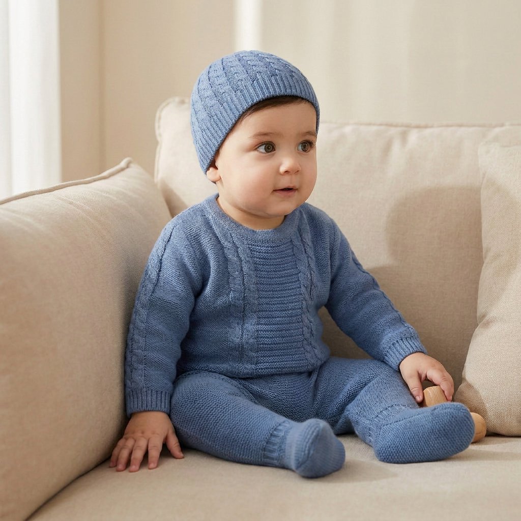 Conjunto Bebê Menino Tricô 3 Peças Suéter, Calça e Gorro Moda Vintage Infantil 79 Kabannas 