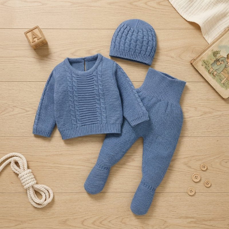 Conjunto Bebê Menino Tricô 3 Peças Suéter, Calça e Gorro Moda Vintage Infantil 79 Kabannas 
