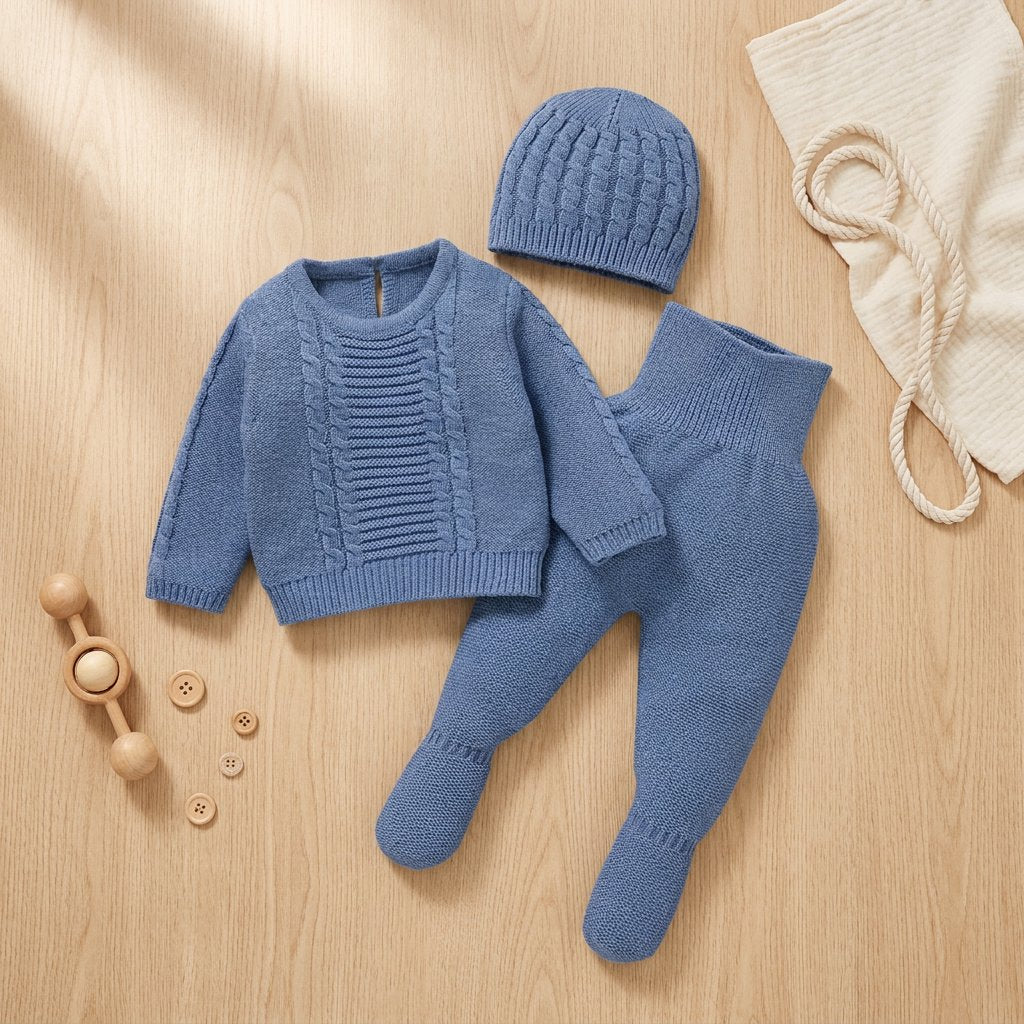 Conjunto Bebê Menino Tricô 3 Peças Suéter, Calça e Gorro Moda Vintage Infantil 79 Kabannas 