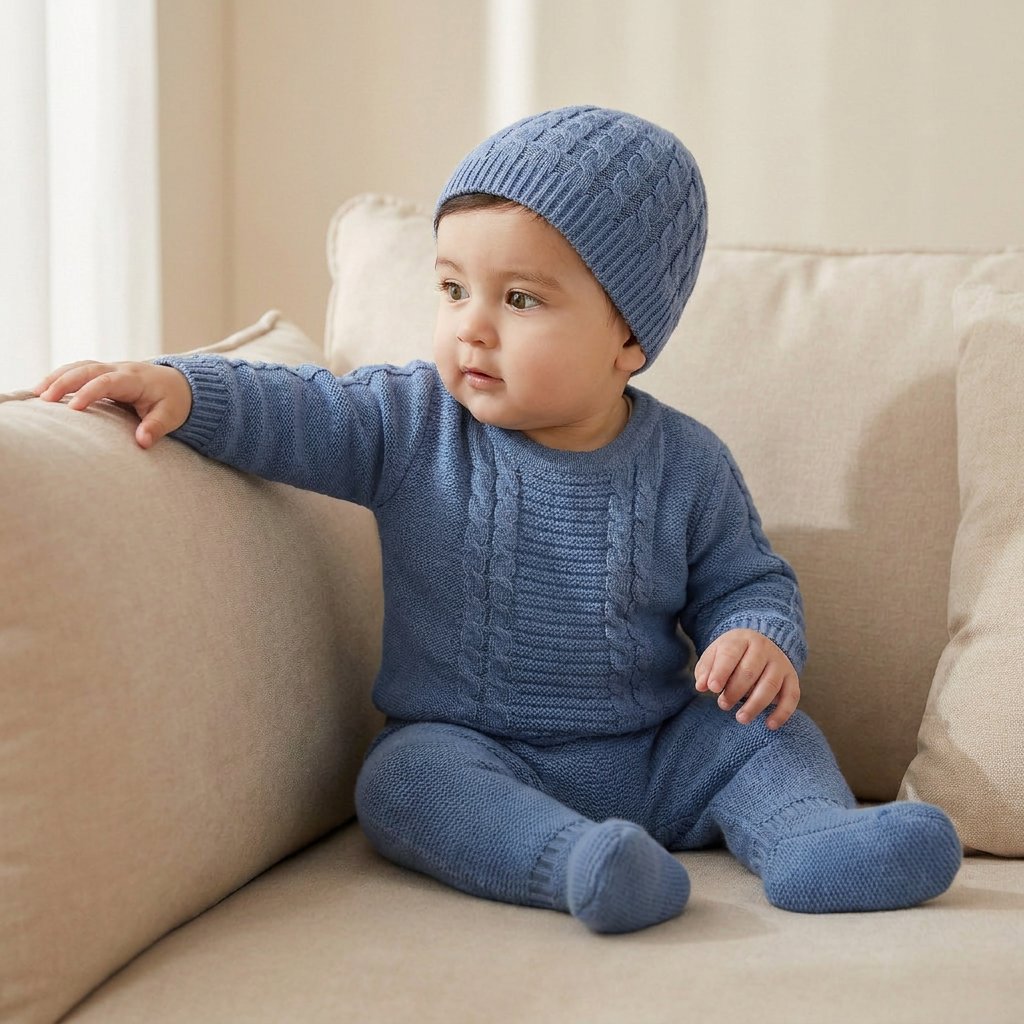 Conjunto Bebê Menino Tricô 3 Peças Suéter, Calça e Gorro Moda Vintage Infantil 79 Kabannas 