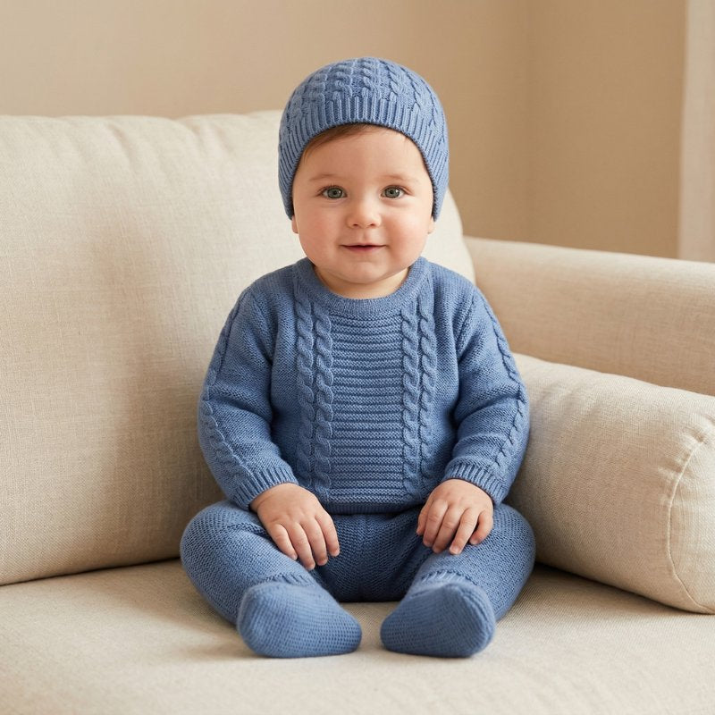 Conjunto Bebê Menino Tricô 3 Peças Suéter, Calça e Gorro Moda Vintage Infantil 79 Kabannas Azul suave Recém-nascido 