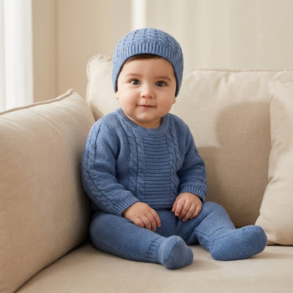 Conjunto Bebê Menino Tricô 3 Peças Suéter, Calça e Gorro Moda Vintage Infantil 79 Kabannas Azul suave Recém-nascido 