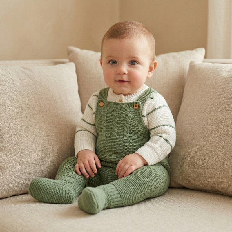 Conjunto Bebê Menino Tricô Jardineira e Cardigan 2 Peças Moda Vintage Infantil 78 Kabannas 