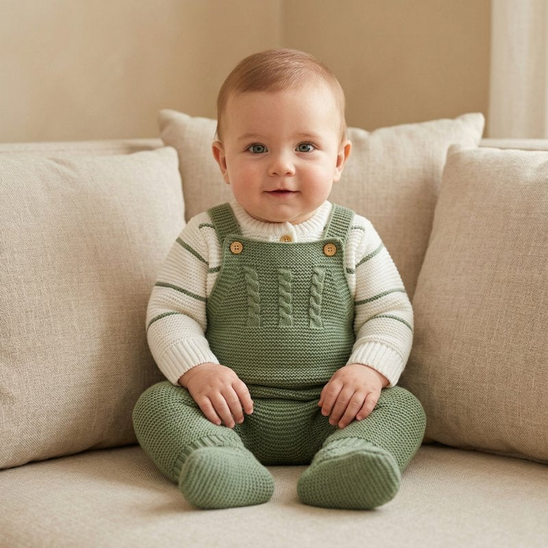 Conjunto Bebê Menino Tricô Jardineira e Cardigan 2 Peças Moda Vintage Infantil 78 Kabannas Verde oliva Recém-nascido 