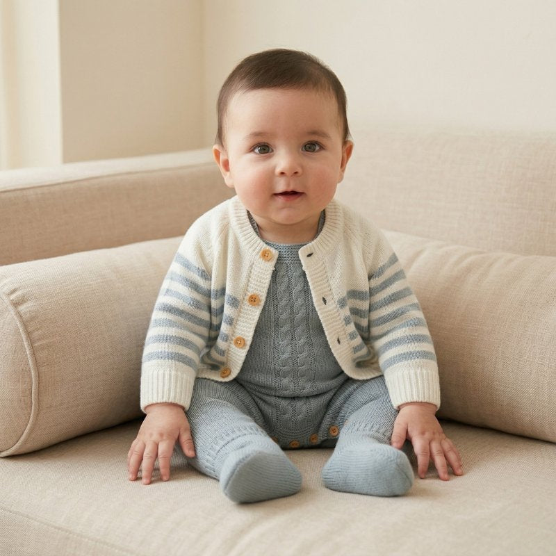 Conjunto Bebê Menino Tricô Vintage com Jardineira e Cardigan 2 Peças Moda Vintage Infantil 84 Kabannas 