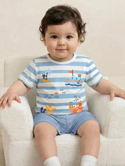 Conjunto Bebê Menino Camiseta Listrada Tema Oceano e Shorts