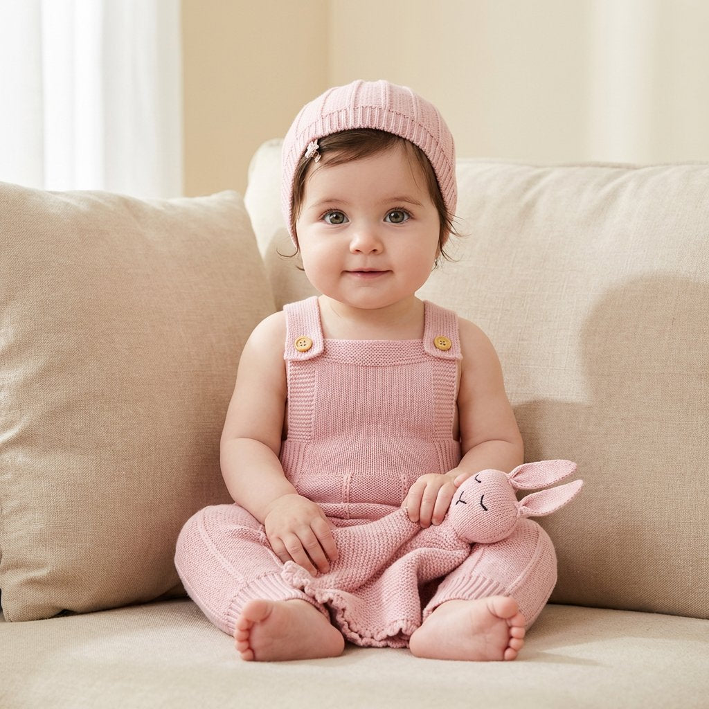 Conjunto Bebê Tricô Jardineira com Touca e Naninha 3 Peças Moda Vintage Infantil 88 Kabannas 