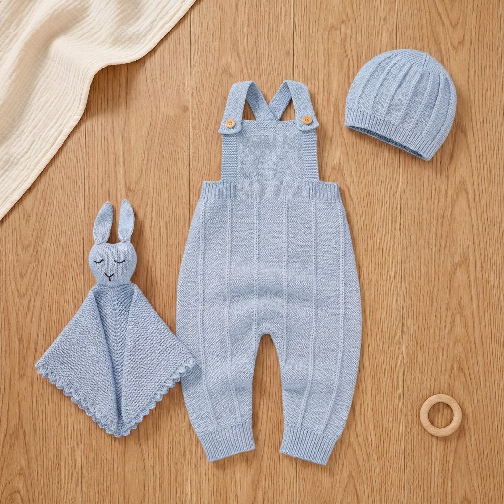 Conjunto Bebê Tricô Jardineira com Touca e Naninha 3 Peças Moda Vintage Infantil 88 Kabannas Azul claro 0-3 Meses 