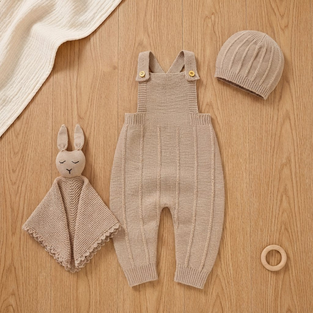 Conjunto Bebê Tricô Jardineira com Touca e Naninha 3 Peças Moda Vintage Infantil 88 Kabannas Bege 0-3 Meses 