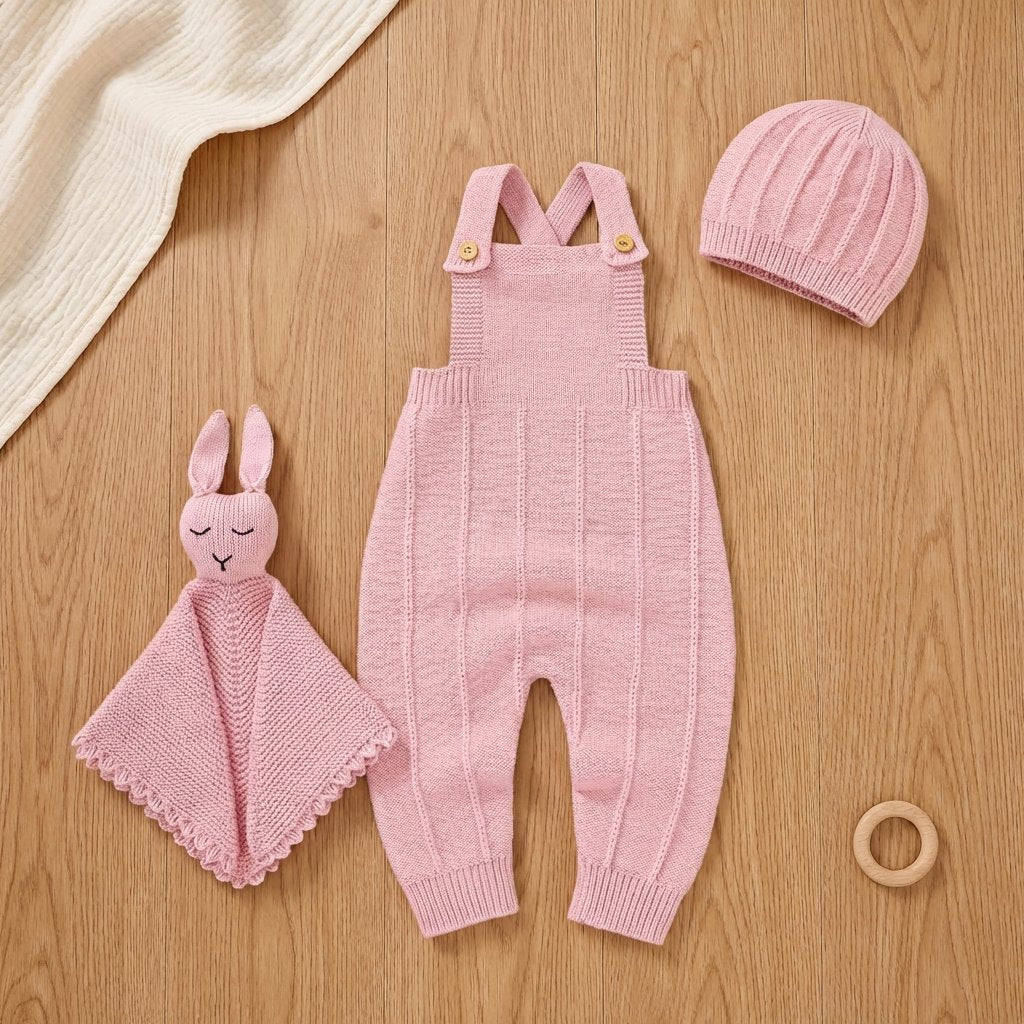 Conjunto Bebê Tricô Jardineira com Touca e Naninha 3 Peças Moda Vintage Infantil 88 Kabannas Rosa 0-3 Meses 