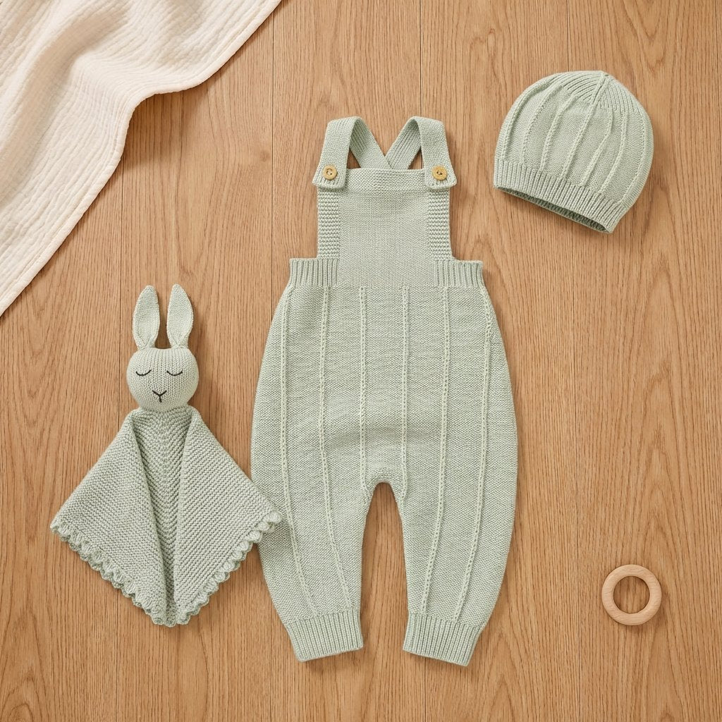 Conjunto Bebê Tricô Jardineira com Touca e Naninha 3 Peças Moda Vintage Infantil 88 Kabannas Verde claro 0-3 Meses 