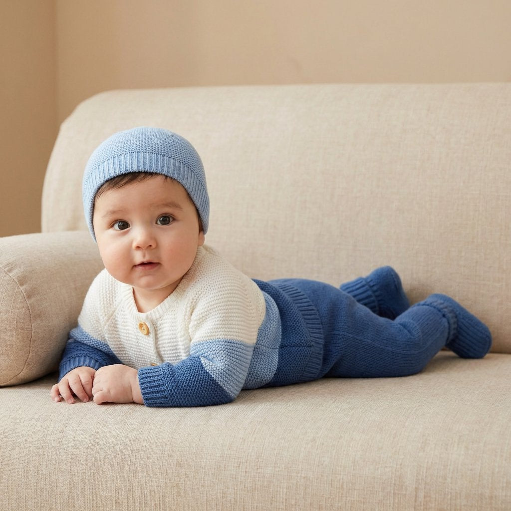 Conjunto Bebê Tricô Vintage com Cardigan, Calça, Touca e Botinha 4 Peças Moda Vintage Infantil 85 Kabannas 