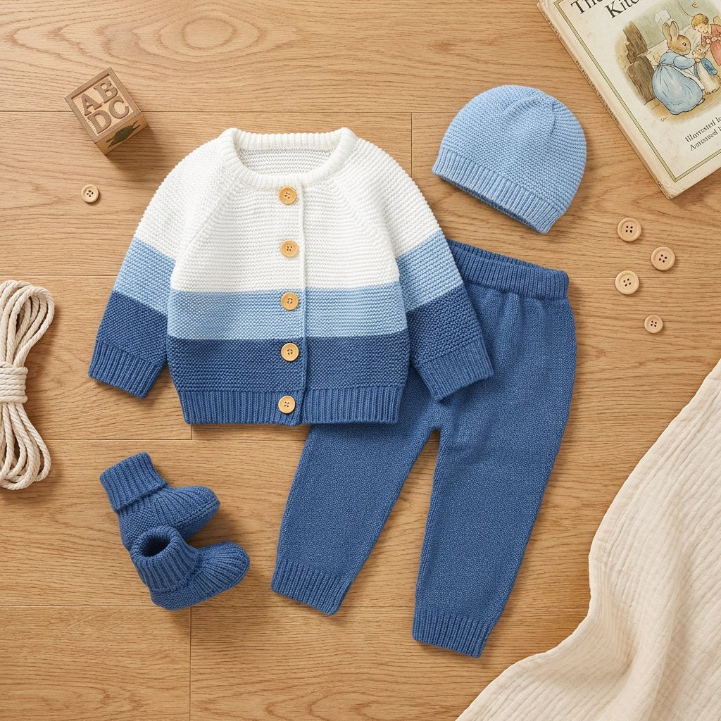 Conjunto Bebê Tricô Vintage com Cardigan, Calça, Touca e Botinha 4 Peças Moda Vintage Infantil 85 Kabannas 