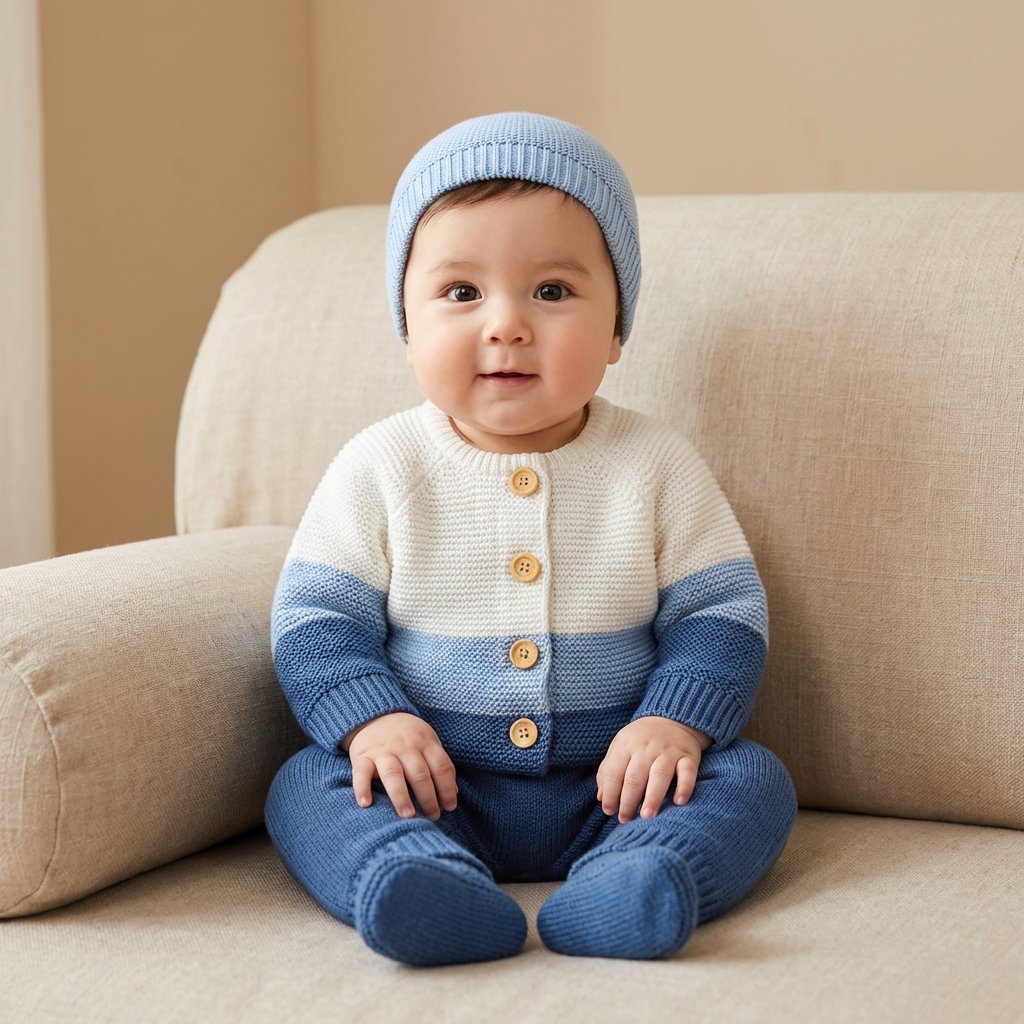 Conjunto Bebê Tricô Vintage com Cardigan, Calça, Touca e Botinha 4 Peças Moda Vintage Infantil 85 Kabannas Azul 2-3 Anos 