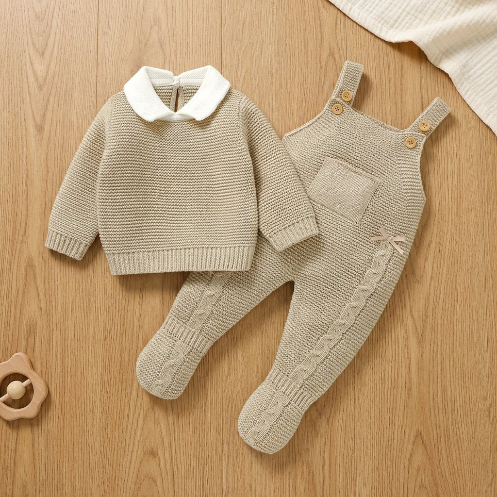 Conjunto Bebê Tricô Vintage com Jardineira e Blusa Gola Polo 2 Peças Moda Vintage Infantil 86 Kabannas 