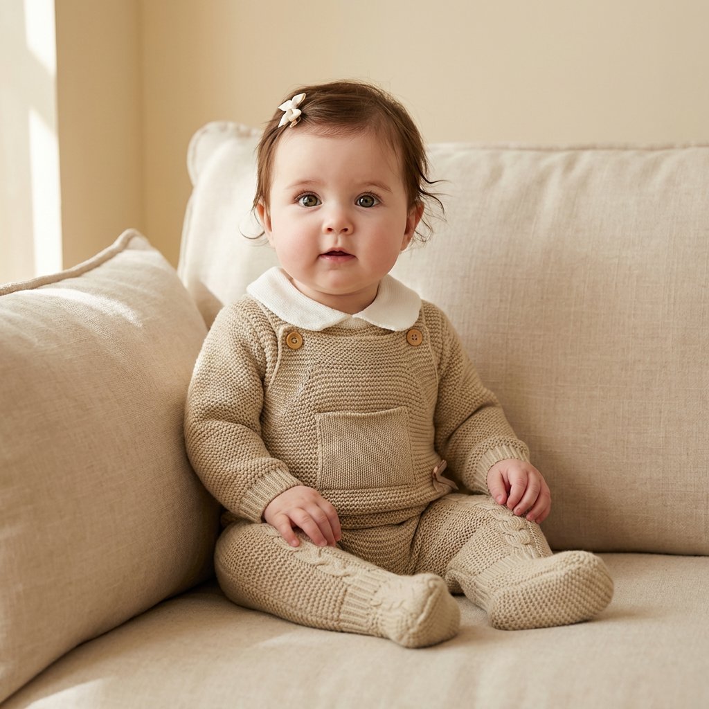 Conjunto Bebê Tricô Vintage com Jardineira e Blusa Gola Polo 2 Peças Moda Vintage Infantil 86 Kabannas Bege Recém-nascido 