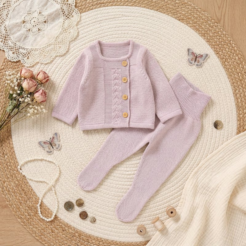 Conjunto Bebê Unissex Tricô Cardigan e Calça com Pé 2 Peças Moda Vintage Infantil 82 Kabannas 