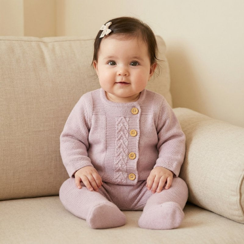 Conjunto Bebê Unissex Tricô Cardigan e Calça com Pé 2 Peças Moda Vintage Infantil 82 Kabannas Rosa claro Recém-nascido 