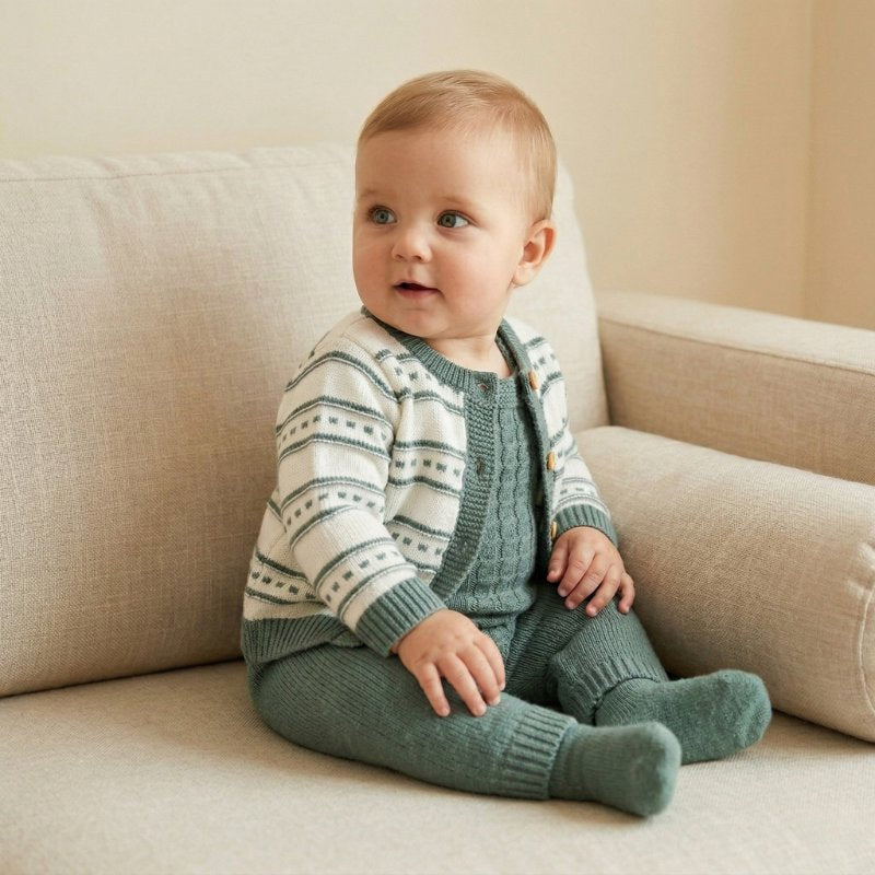 Conjunto Bebê Unissex Tricô Jardineira e Cardigan 2 Peças Moda Vintage Infantil 80 Kabannas 