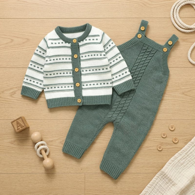 Conjunto Bebê Unissex Tricô Jardineira e Cardigan 2 Peças Moda Vintage Infantil 80 Kabannas 