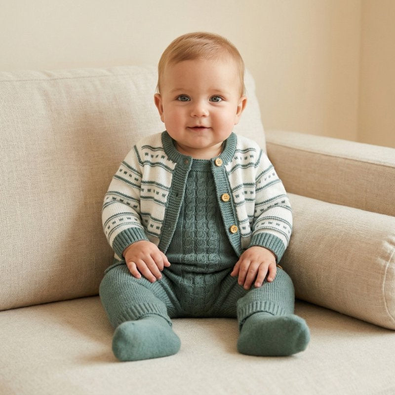 Conjunto Bebê Unissex Tricô Jardineira e Cardigan 2 Peças Moda Vintage Infantil 80 Kabannas Verde sage Recém-nascido 