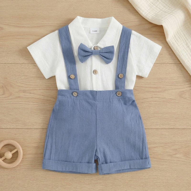 Conjunto Bebê Vintage Cavalheiro com Suspensório e Gravata Borboleta Moda Vintage Infantil 74 Kabannas Azul 0-3 Meses 