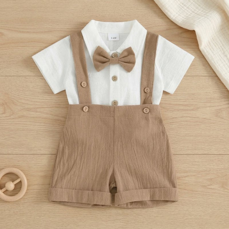 Conjunto Bebê Vintage Cavalheiro com Suspensório e Gravata Borboleta Moda Vintage Infantil 74 Kabannas Caqui 0-3 Meses 