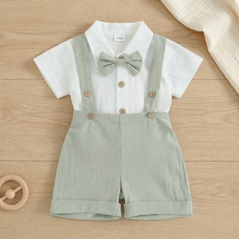 Conjunto Bebê Vintage Cavalheiro com Suspensório e Gravata Borboleta Moda Vintage Infantil 74 Kabannas Verde 0-3 Meses 